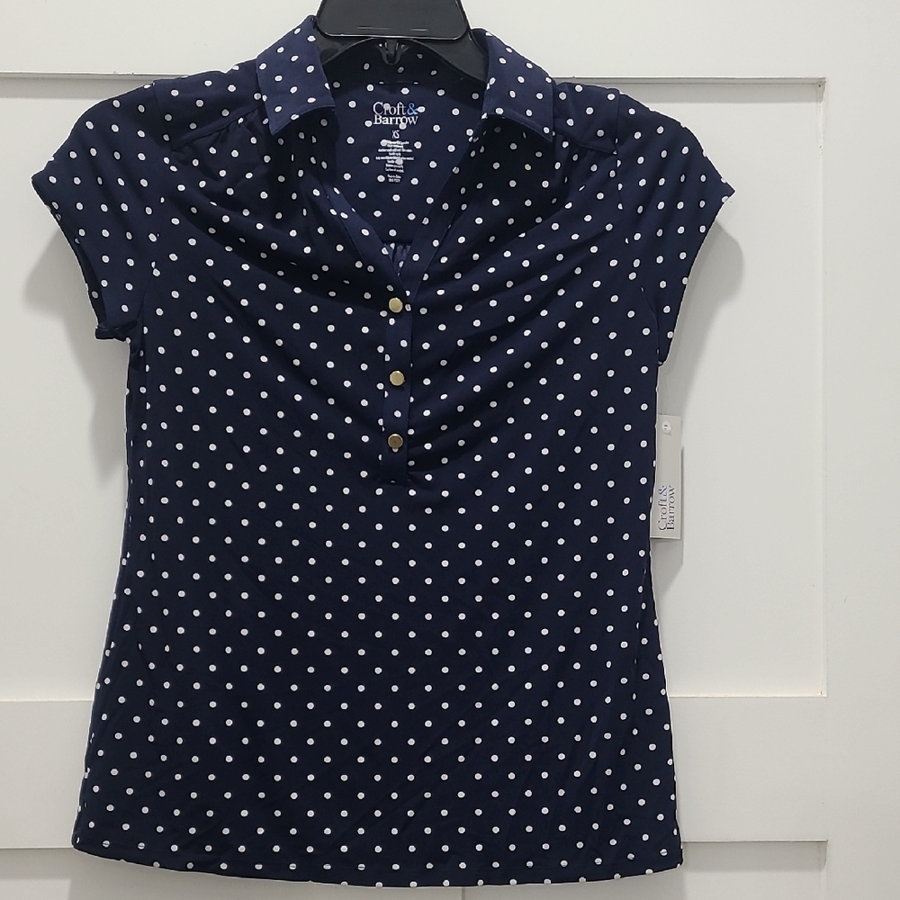 Croft & Barrow Navy Polka Dot Blouse NWT